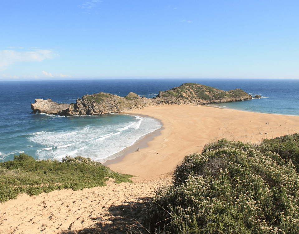 Vue d'une plage de Robberg Nature Reserve que nous pouvons découvrir en voyageant avec un voyagiste sur mesure