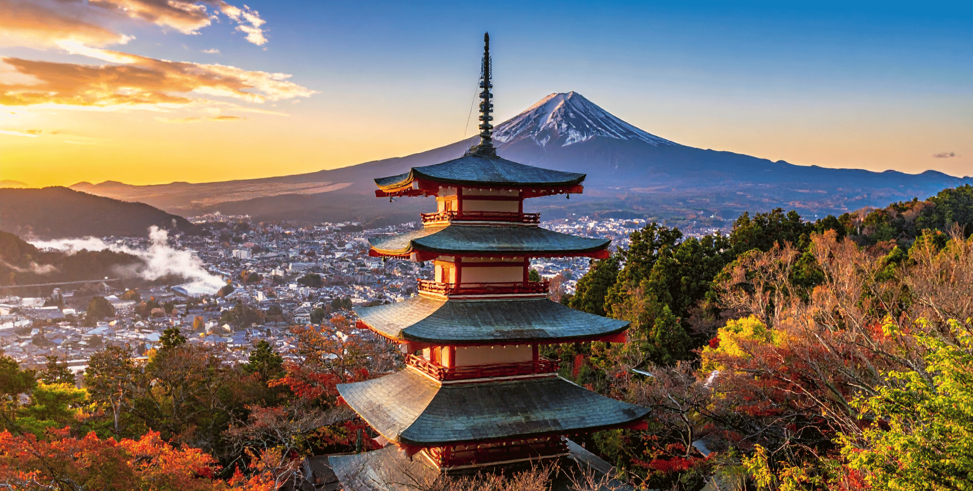 paysage du Japon avec un temple devant un volcan